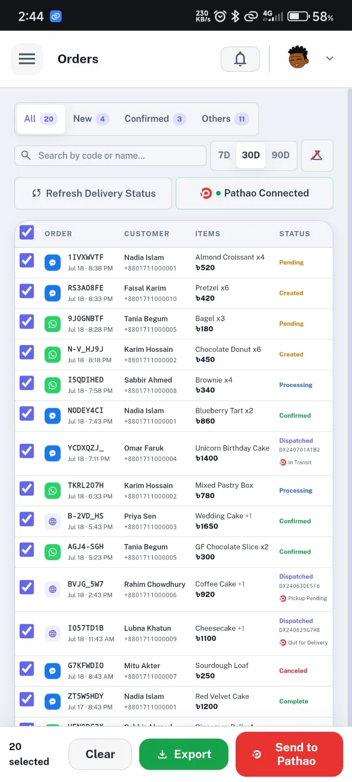 Orders — one-click dispatch to Pathao